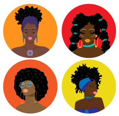 Düz kızlarla ayarlanmış. Güzel bir kadının portresi. Mavi saçlı Afro-Amerikan kız çizgi filmi. Kıvırcık saçlı, modern Afro-Amerikan kızı..
