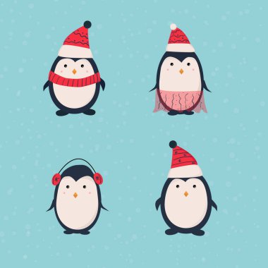 El çizimi sevimli penguenler.