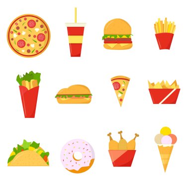 Çok renkli fast food ikonları seti. Düz biçim