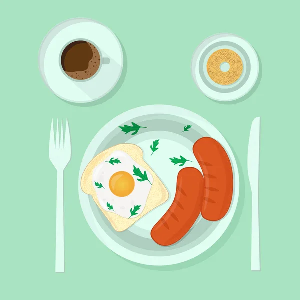 Vektorfrühstückszeit Illustration Mit Flachen Symbolen Toast Würstchen Petersilie Kaffee Brötchen — Stockvektor