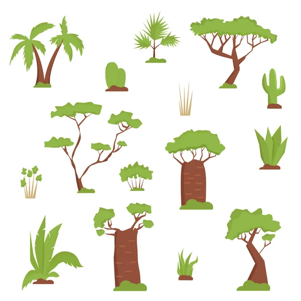 Afrikanische Bäume Kräuter Blätter Flacher Stil Palme Baobab Kakteen Tropische — Stockvektor
