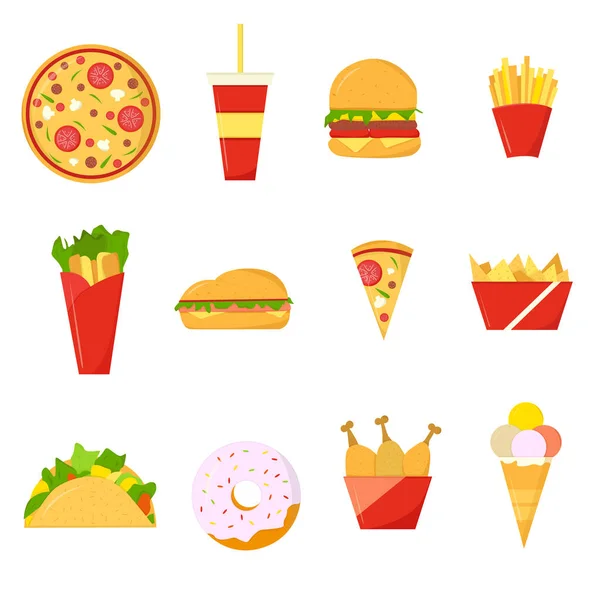 Conjunto Ícones Fast Food Multicoloridos Estilo Plano — Vetor de Stock
