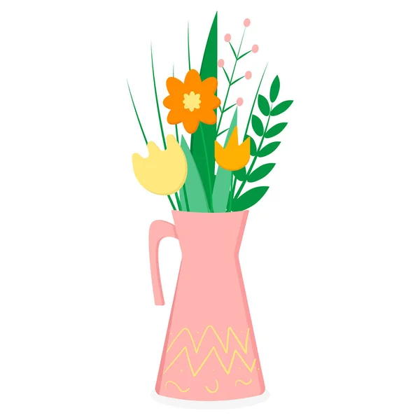 Jug Flowers Leaves Flat Style — Stockvector