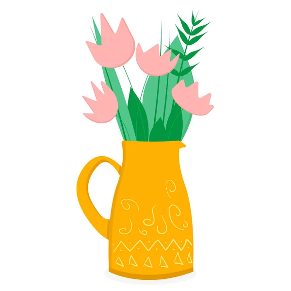 Jug Flowers Leaves Flat Style — Vetor de Stock