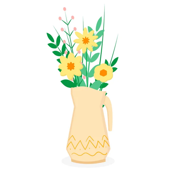 Jug Flowers Leaves Flat Style — Stockvektor