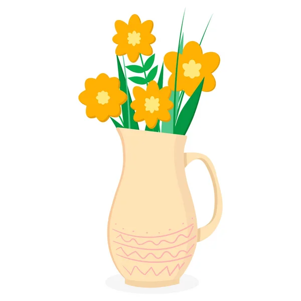 Jug Flowers Leaves Flat Style — Stockvector