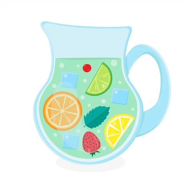 Summer Cocktail Jug Drink Berries Fruits Mint Leaves — Stock Vector