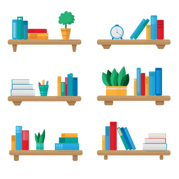 Flat Book Shelves Colorful Objects Cartoon Design Style — Vetor de Stock