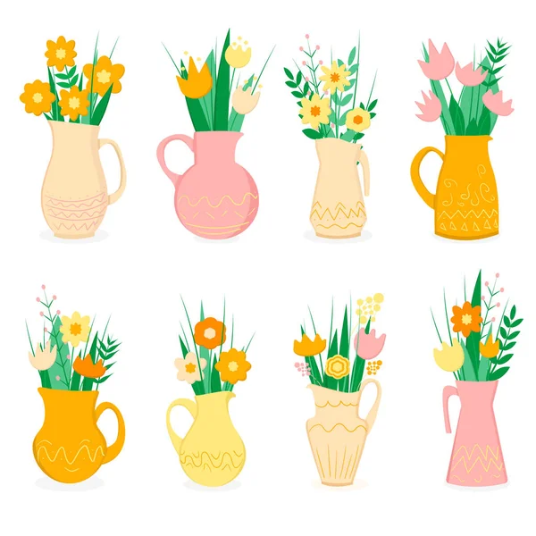 Ensemble Pots Avec Des Fleurs Des Feuilles Dans Style Plat — Image vectorielle