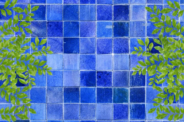 Blue tiles wall with green leaves frame — Stock Photo, Image