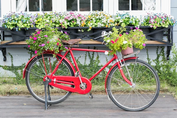 赤い自転車白い花 — ストック写真