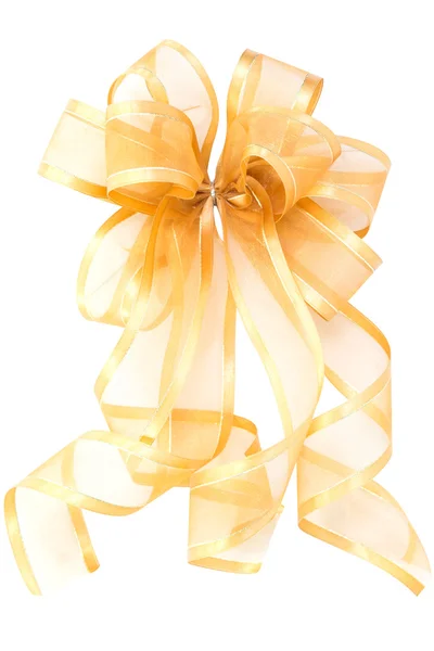 Łuk satyna prezent. złote wstążki na białe ze ścieżką przycinającą tle — Zdjęcie stockowe