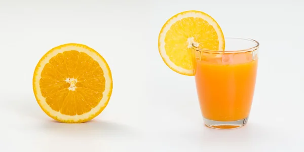 Pomerančová šťáva a řez na bílém pozadí — Stock fotografie