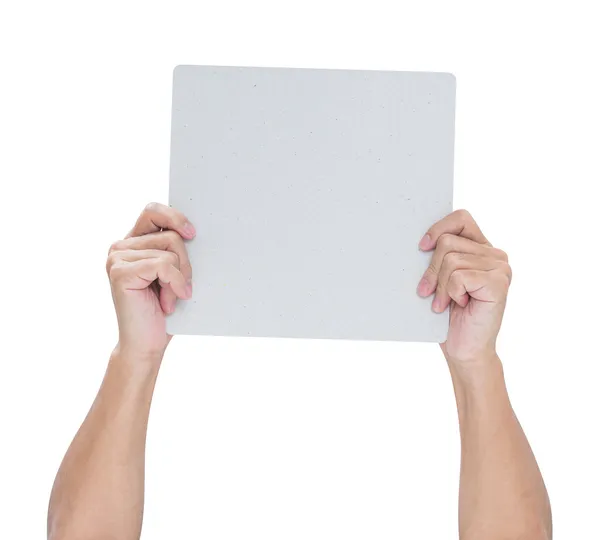Mãos de homem segurando papel em branco isolado no fundo branco, clip — Fotografia de Stock