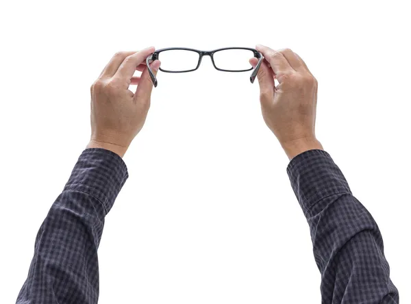 Χέρια που κρατούν τα γυαλιά που απομονώνονται σε λευκό φόντο, αποκοπής — Φωτογραφία Αρχείου