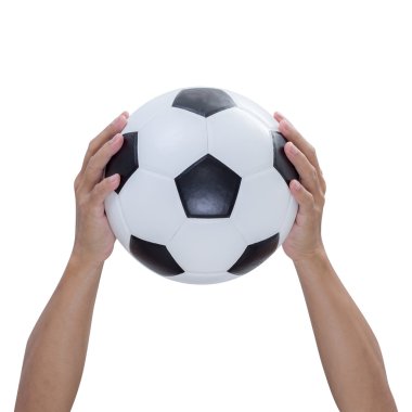 Futbol topu elinde beyaz zemin üzerine, kırpma yolu izole