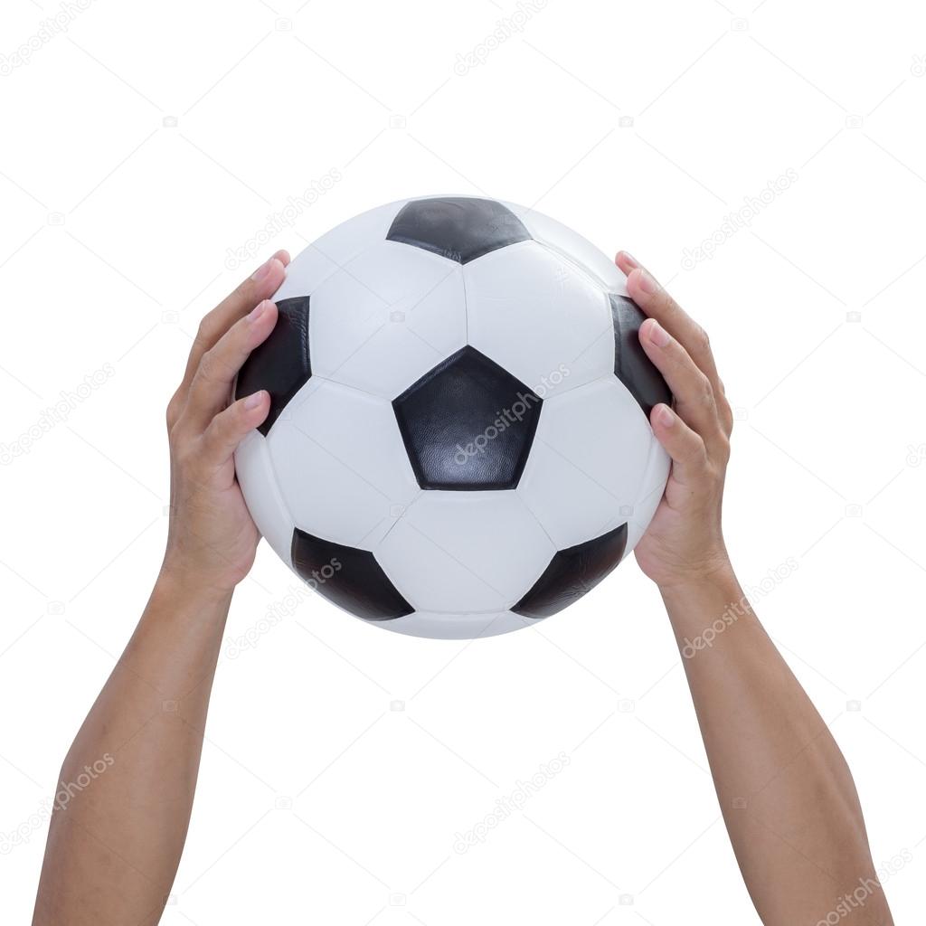 Soccer ball in hands isolated on white background, clipping path