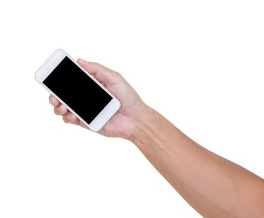 adam el beyaz zemin üzerine clippi izole smartphone tutarak