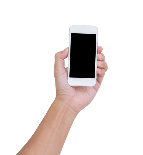 Adam el beyaz zemin üzerine clippi izole smartphone tutarak — Stok fotoğraf