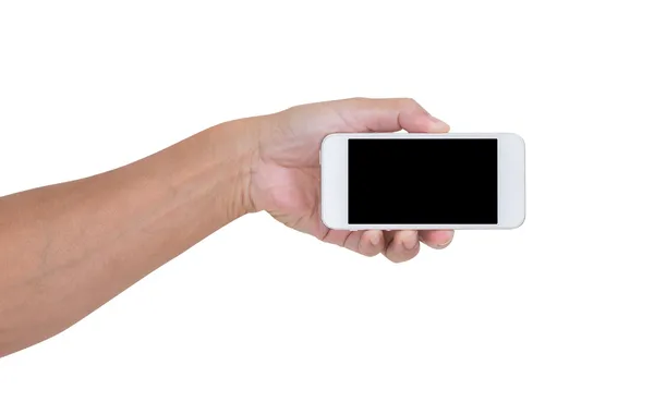 Мужчина держит смартфон на белом фоне, clippi — стоковое фото