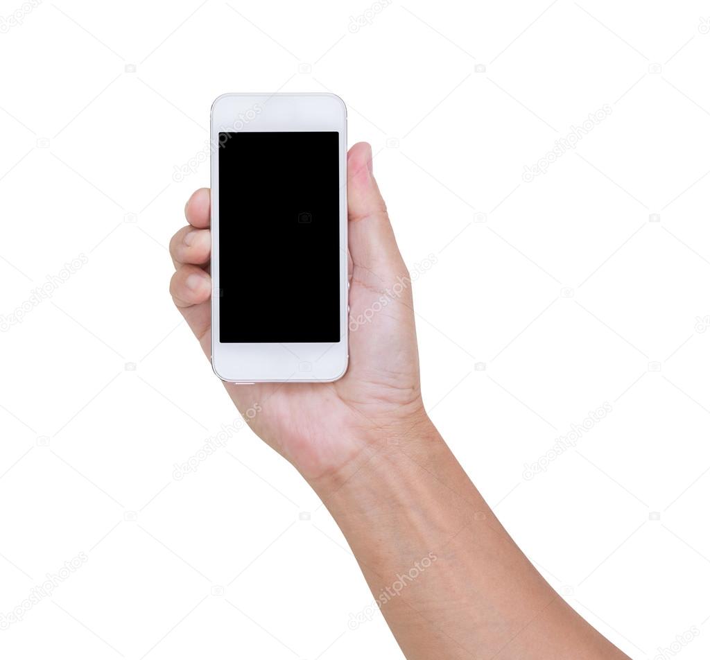 Man hand holding smartphone isolated on white background, clippi
