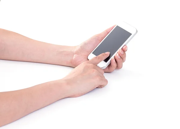 Mujeres manos tocando el teléfono móvil sobre fondo blanco — Foto de Stock