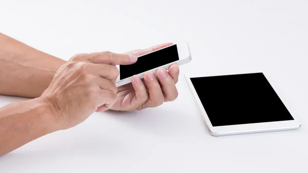 Man hands using smartphone on white background — Stock Photo, Image