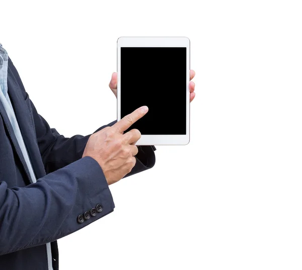 业务的男人用手抚摸空白屏幕平板电脑 — 图库照片