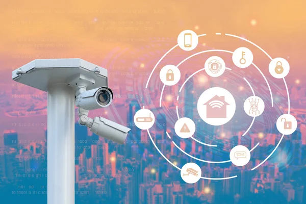Cctv Security Camera Building Night Cityscape View Background Concept Iot — Stock Photo, Image
