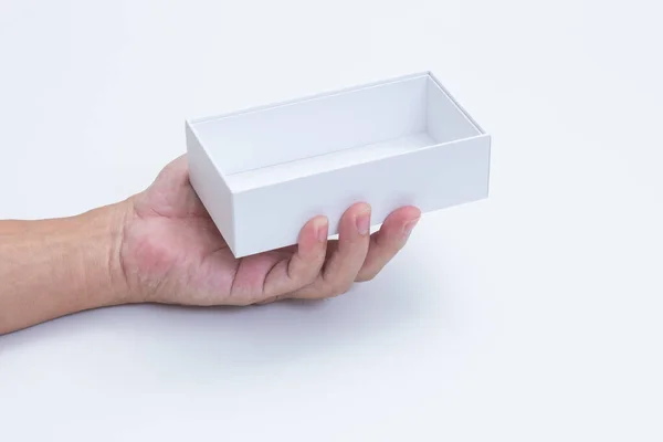 Homem Mão Segurando Caixa Branca — Fotografia de Stock