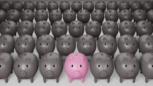 Renderowanie Różowej Świnki Bank Wokół Czarnej Świni Koncepcja Biznesowa Finansowa — Zdjęcie stockowe