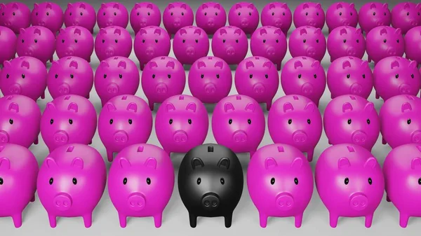 Renderowanie Czarnej Świnki Bank Wokół Różowej Świni Koncepcja Biznesowa Finansowa — Zdjęcie stockowe