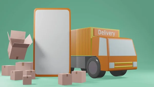 3Dレンダリングショッピングオンラインと物流の概念 ボックスと配送トラックとスマートフォン — ストック写真