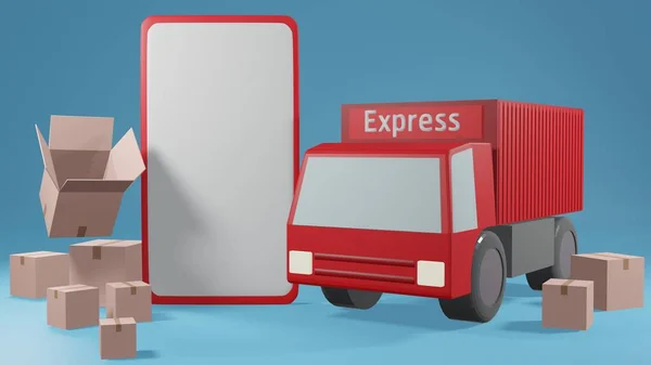 Rendering Shopping Online Logistic Concept Smartphone Box Delivery Truck — Stock Photo, Image