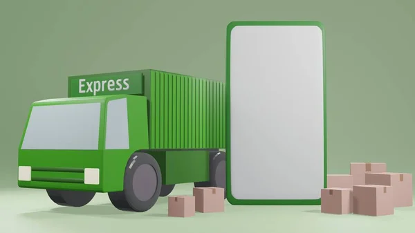 Rendering Shopping Online Logistic Concept Smartphone Box Delivery Truck — Stock Photo, Image