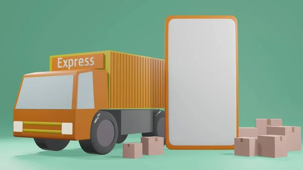 Rendering Shopping Online Logistic Concept Smartphone Box Delivery Truck — Stock Photo, Image