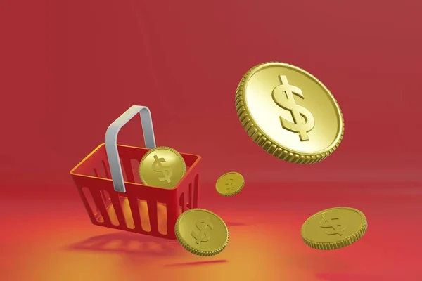 Rendering Red Shopping Basket Dollar Coin Concept Digital Marketing Commerce — Stock Photo, Image