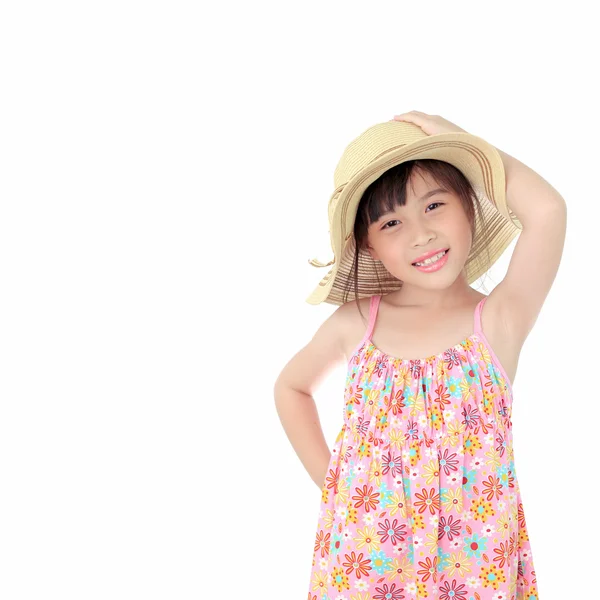 美しい幸せ小さなアジアの女の子のストローで — ストック写真