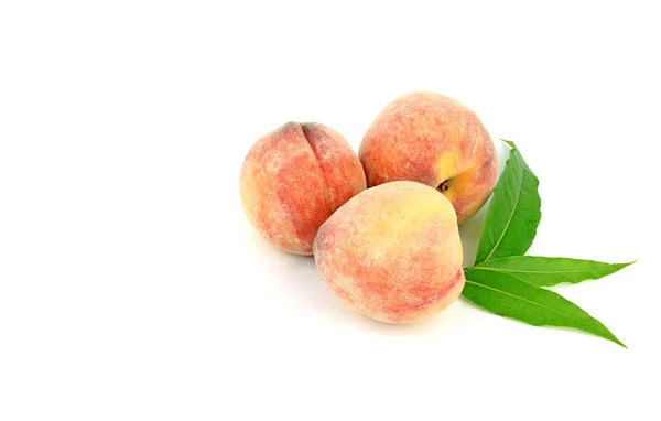 Персиковые фрукты с зелеными листьями на белом фоне — стоковое фото