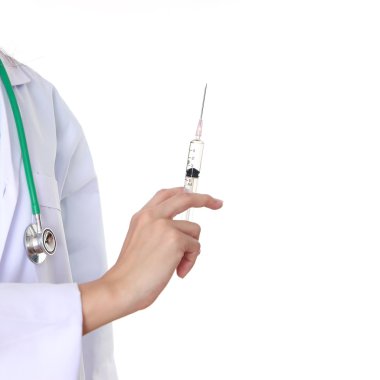 kadın doktor izole şırınga beyaz arka plan ile