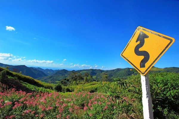 Verwinkeltes Verkehrsschild mit Blütenpracht am Berg — Stockfoto