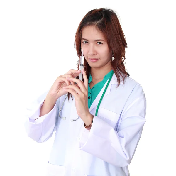 Kvinna läkare med spruta isolerade vit bakgrund — Stockfoto