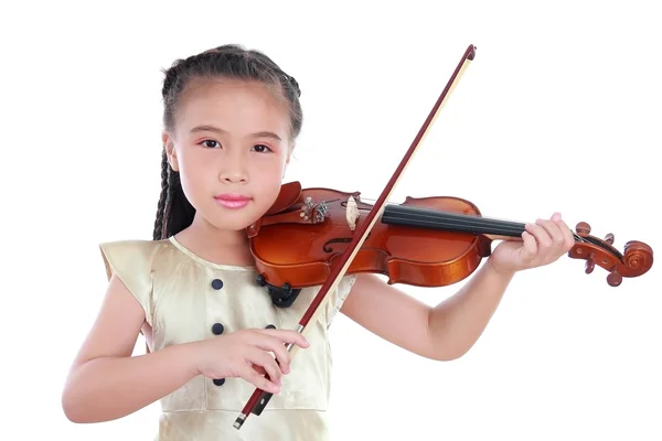 Menina bonita feliz com violino isolado no fundo branco — Fotografia de Stock