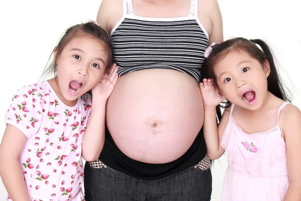 Pregnant woman and two excite girl — Stock Photo, Image