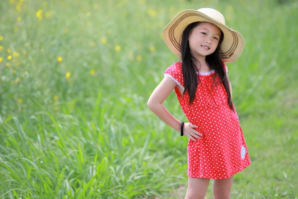 Portrait of beautiful happy little girl in a field of yellow flo — Stock Photo, Image