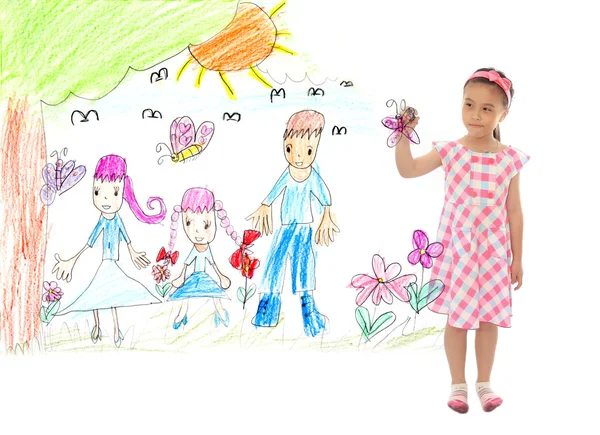 Bedårande flicka ritning hennes familj — Stockfoto