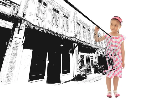 商業ビルを描く愛らしい女の子 — ストック写真