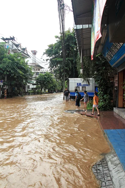 Наводнение в городе Чиангмай. Наводнение зданий возле реки Пин — стоковое фото