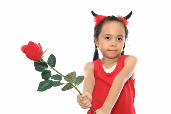 Carino poco asiatico ragazza in rosso halloween costume — Foto Stock