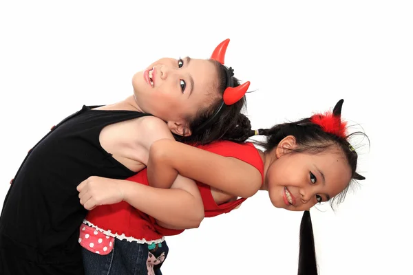 Scary cute little asian girl best friend in black and red Hallow — Stock Photo, Image